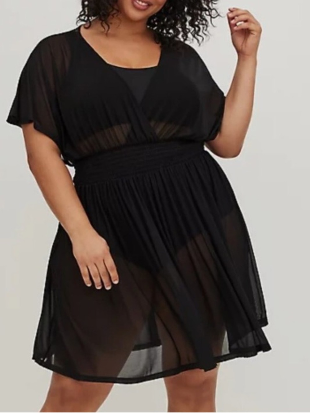Torrid Black Sheer Short Sleeve Smocked Waist coverup swim Dress